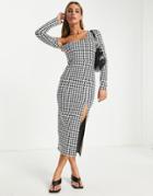 Asos Design One Shoulder Long Sleeve Midi Dress With Split In Mono Dogtooth-multi