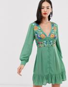 Asos Design Embroidered Casual Button Through Mini Dress-green