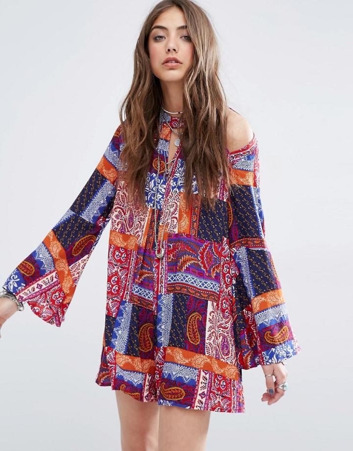Kiss The Sky Cold Shoulder Romper In Patch Print - Multi