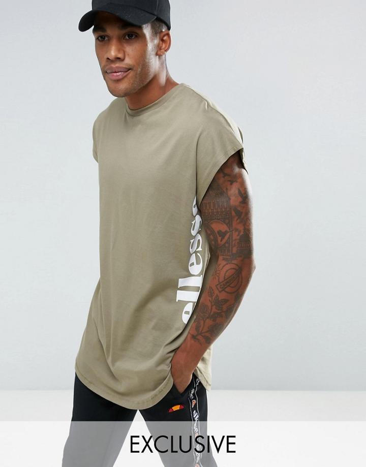 Ellesse Curved Hem T-shirt With Side Logo In Green - Green