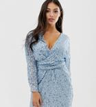Asos Design Petite Mini Dress With Batwing Sleeve And Wrap Waist In Scatter Sequin - Blue