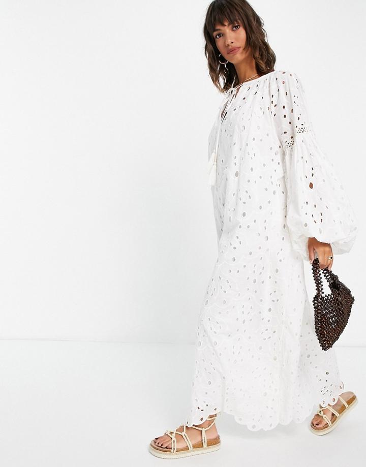 Asos Edition Eyelet Maxi Dress With Blouson Sleeves And Tie Front-orange