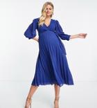 Asos Design Maternity Nursing Pleated Tie Wraparound Midi Dress In Textured Chevron In Navy