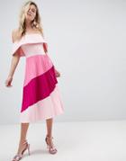 Asos Scuba Bardot Color Block Pleated Midi Dress - Pink