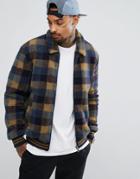 Asos Borg Bomber Jacket In Blue Check With Contrast Rib - Blue