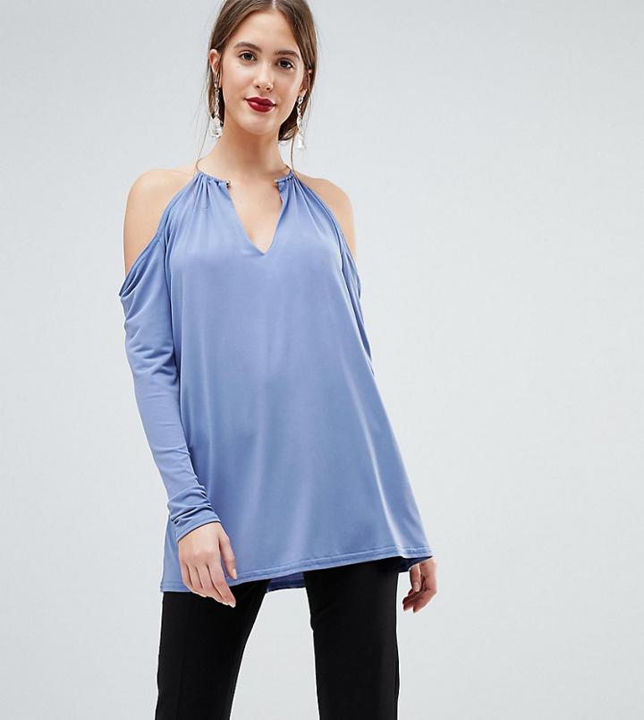 John Zack Tall Plunge Top With Metal Neck Detaiil - Blue