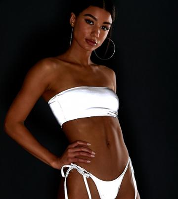 Frankies Exclusive Bandeau Bikini Top In Reflective Silver - Silver