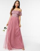 Maya Bridesmaid Off-the-shoulder Maxi Tulle Dress With Tonal Delicate Sequins In Rose-pink