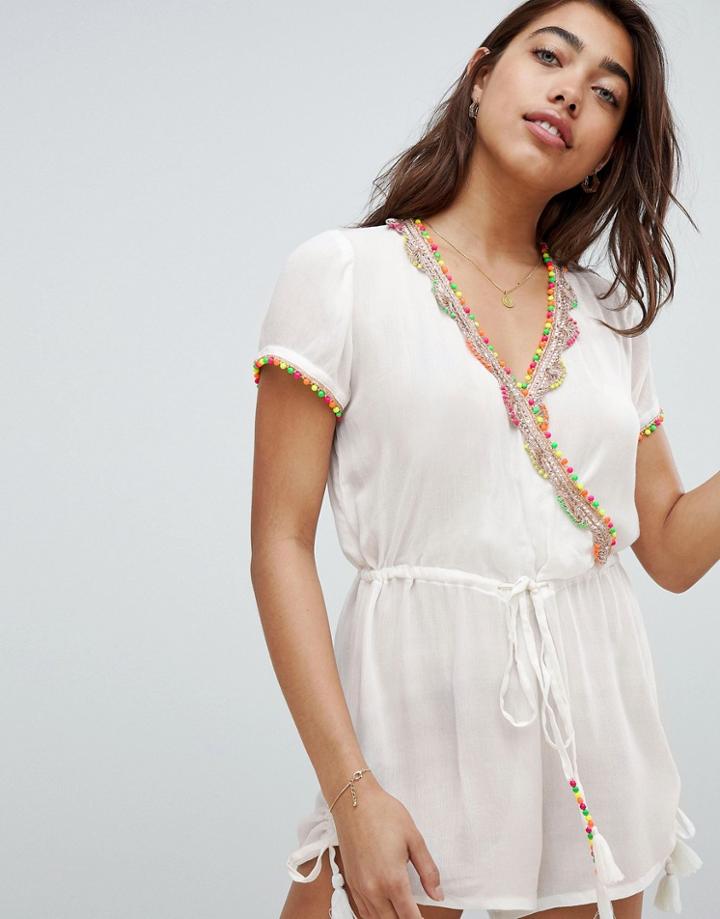 Anmol Beach Romper With Drawstring Waist And Embroidered Neckline - Cream