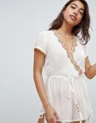 Anmol Beach Romper With Drawstring Waist And Embroidered Neckline - Cream