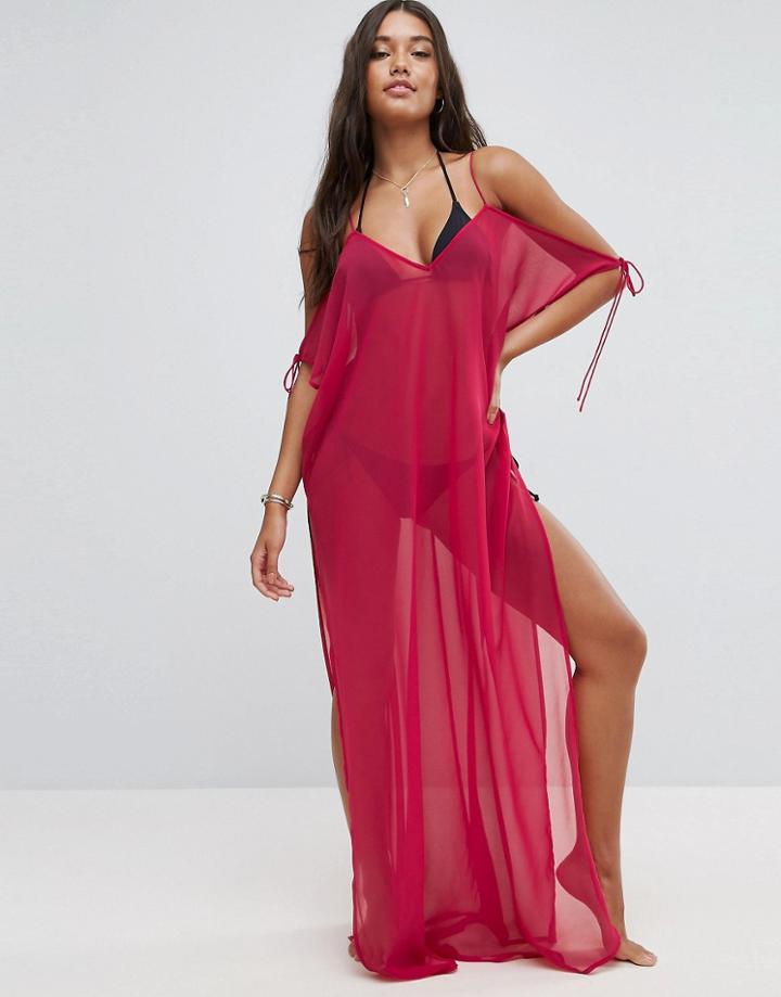 Asos Chiffon Maxi Beach Caftan With Cold Shoulders - Pink