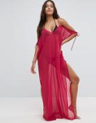 Asos Chiffon Maxi Beach Caftan With Cold Shoulders - Pink