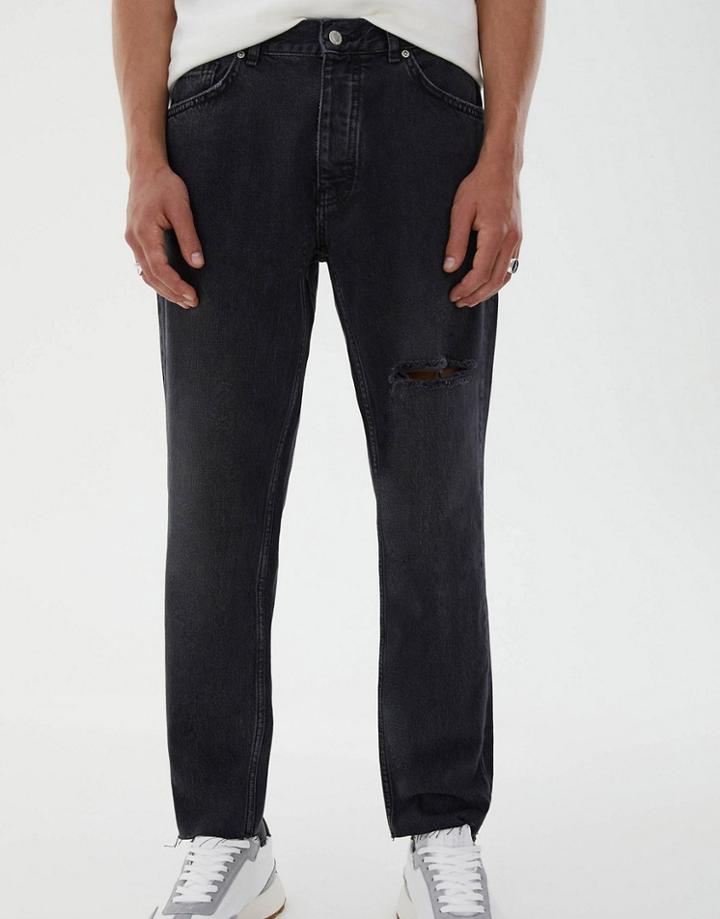 Pull & Bear Straight Leg Jeans With Rips In Black