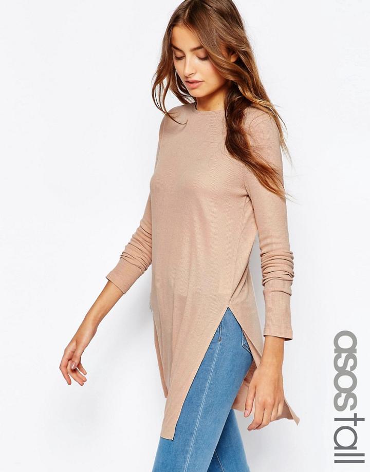 Asos Tall Longline Top With Side Splits And Long Sleeves - Black