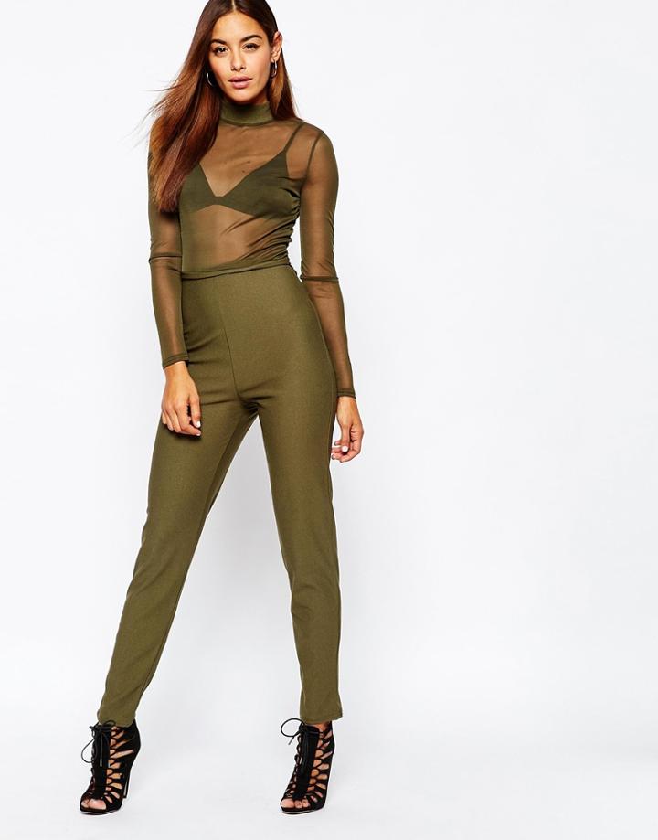 Missguided Sheer Top High Neck Jumpsuit - Khaki