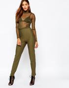Missguided Sheer Top High Neck Jumpsuit - Khaki