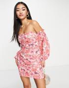 Love Triangle Ruched Bardot Mini Dress In Bold Pink Floral