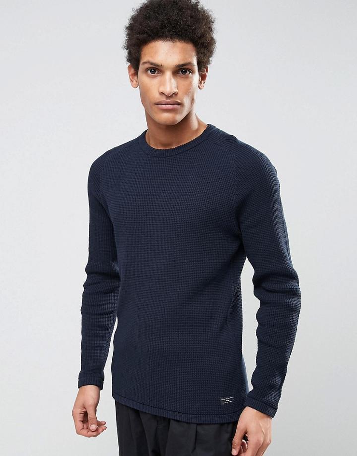 Selected Homme Knitted Waffle Sweater In 100% Cotton - Blue