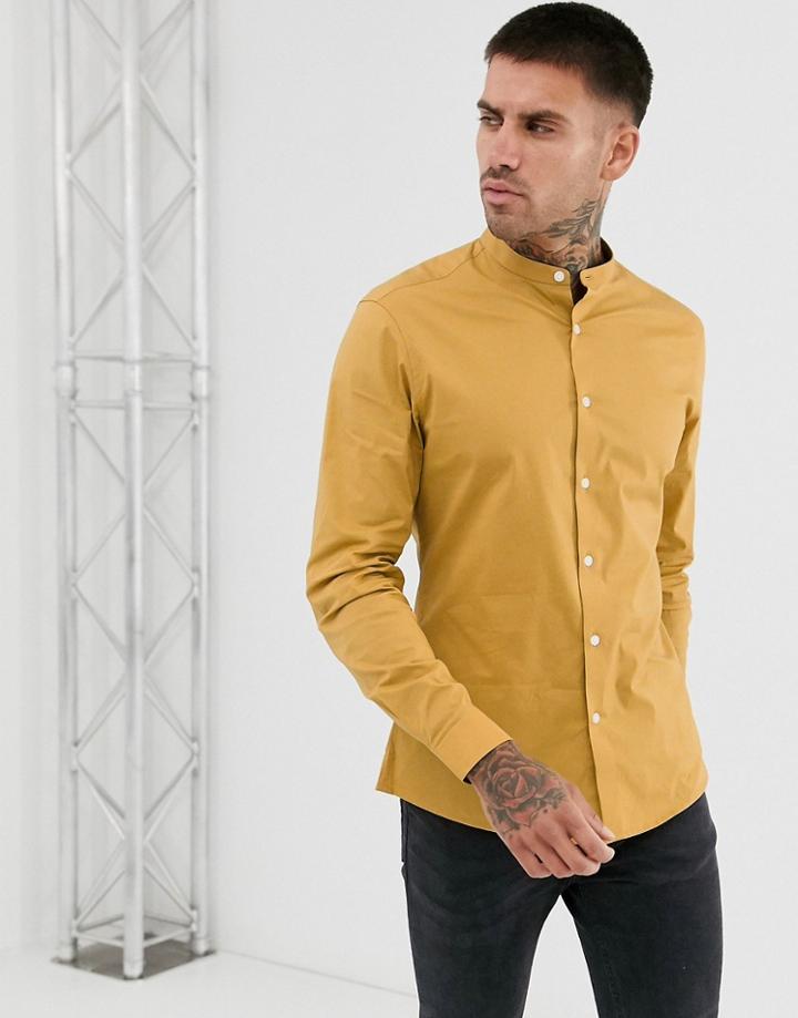 Asos Design Stretch Slim Smart Shirt In Mustard With Grandad Collar-yellow