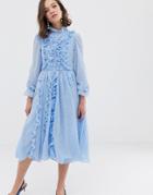 Sister Jane Button Through Midi Dress With Ruffle Detail In Gingham Seersucker-blue