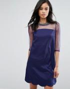 Little Mistress Shift Dress With Mesh Sleeves And Embellished Neckline