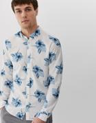 Jack & Jones Premium Long Sleeve Printed Floral Linen Shirt In White - White