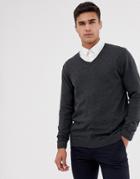 Asos Design Cotton V-neck Sweater In Charcoal - Gray