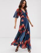 Hope & Ivy Wrap Front Boho Maxi Dress In Blue Floral Print - Blue