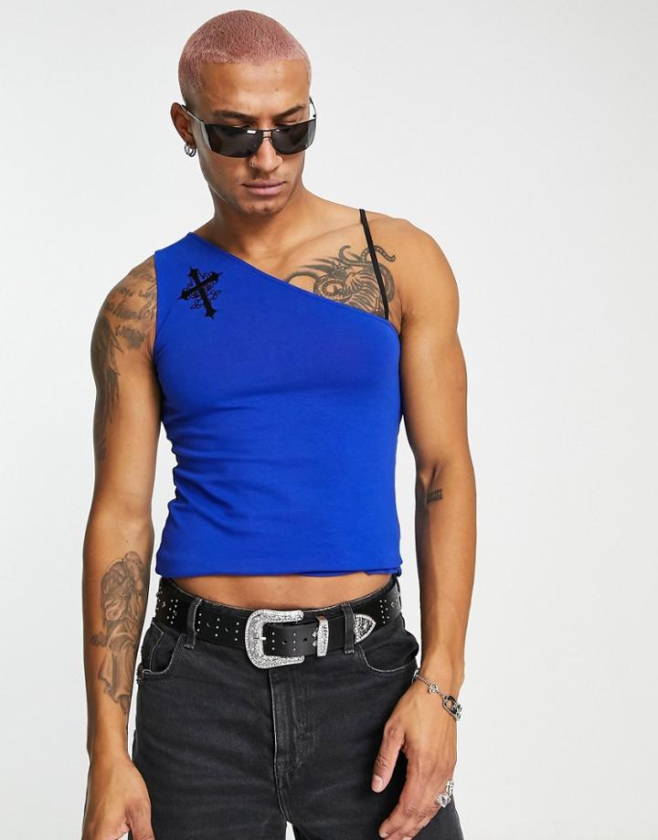 Asos Design Cropped Asymmetric Tank Top In Deep Blue With Cross Embroidery Detail