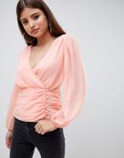Asos Design Ruched Waist Blouson Top - Pink