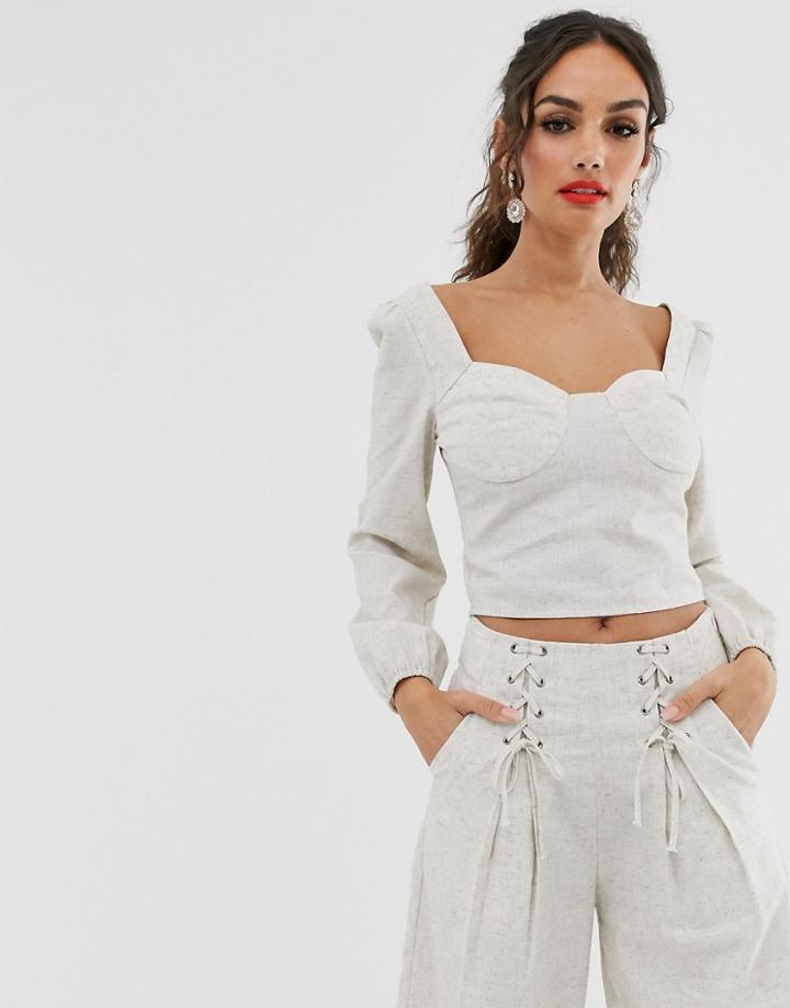 Outrageous Fortune Square Neck Crop Top With Balloon Sleeves In Sand-cream