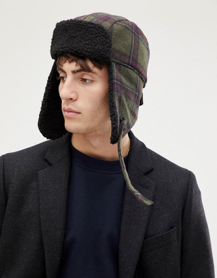 Ps Paul Smith Check Wool Trapper Hat With Fleece Lining In Green