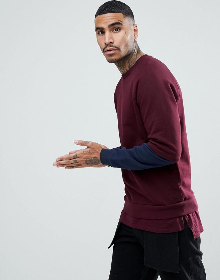 Asos Sweatshirt With Stepped Hem Extender In Burgundy And Navy - Red