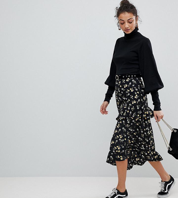 Fashion Union Tall Midi Skirt With Asymmetric Tiered Ruffles In Daisy Floral - Multi
