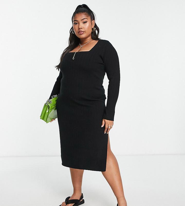 Asos Design Curve Knitted Midi Dress With Square Neck In Black