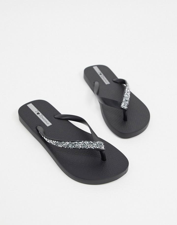 Ipanema Glam Flip Flops In Black With Silver Embellishment
