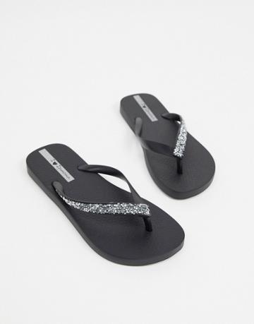 Ipanema Glam Flip Flops In Black With Silver Embellishment