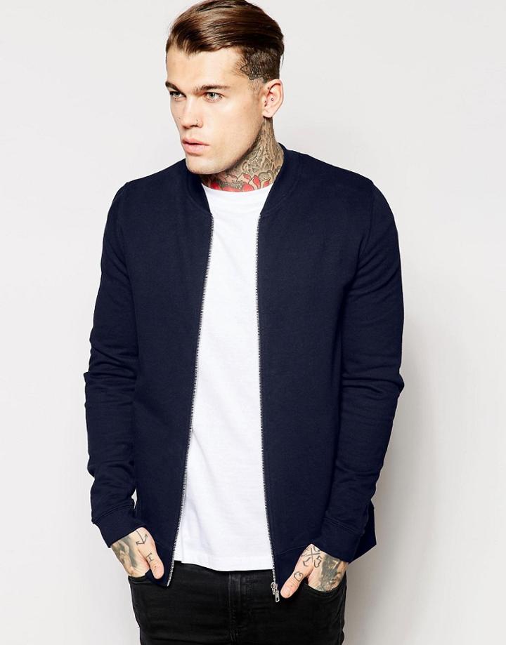 Asos Jersey Bomber Jacket In Navy - Navy