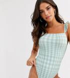 Asos Design Tall Sqaure Neck Frill Swimsuit In Mint Green Gingham-multi