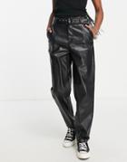 Only Straight Leg Belted Leather Look Pants-black