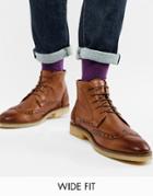Asos Design Wide Fit Brogue Boots In Tan Leather With Natural Sole