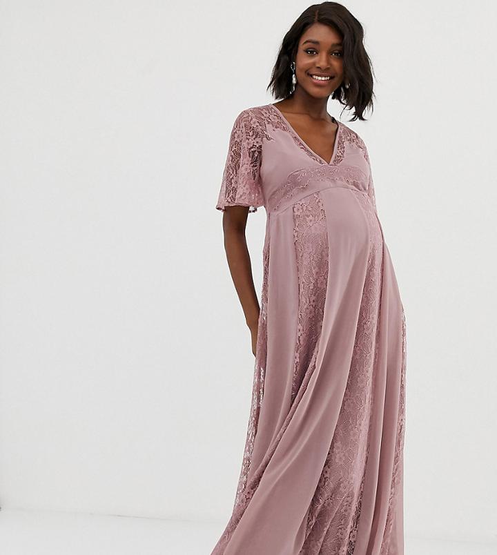 Asos Design Maternity Maxi Dress With Flutter Sleeve And All Over Lace Insert-pink