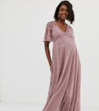 Asos Design Maternity Maxi Dress With Flutter Sleeve And All Over Lace Insert-pink