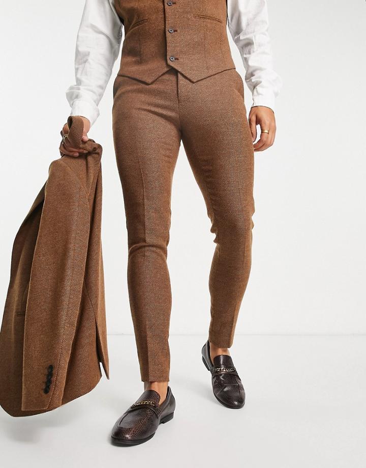 Asos Design Wedding Super Skinny Wool Mix Twill Suit Pants In Brown