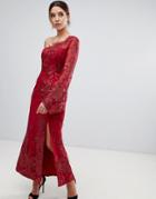 Bariano One Shoulder Embroidered Lace Midi Dress In Red - Red