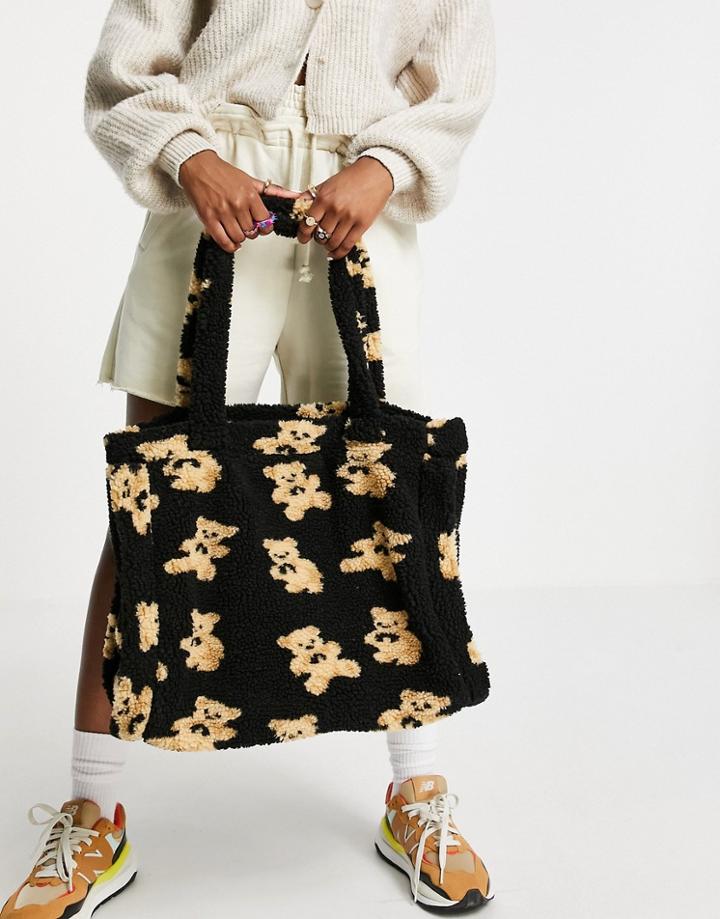 Asos Design Borg Tote In Teddy Print In Black