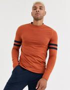 Asos Design Organic Skinny Long Sleeve T-shirt With Contrast Sleeve Stripes-brown
