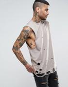 Asos Longline Sleeveless T-shirt With Dropped Armhole And Distressing - Brown