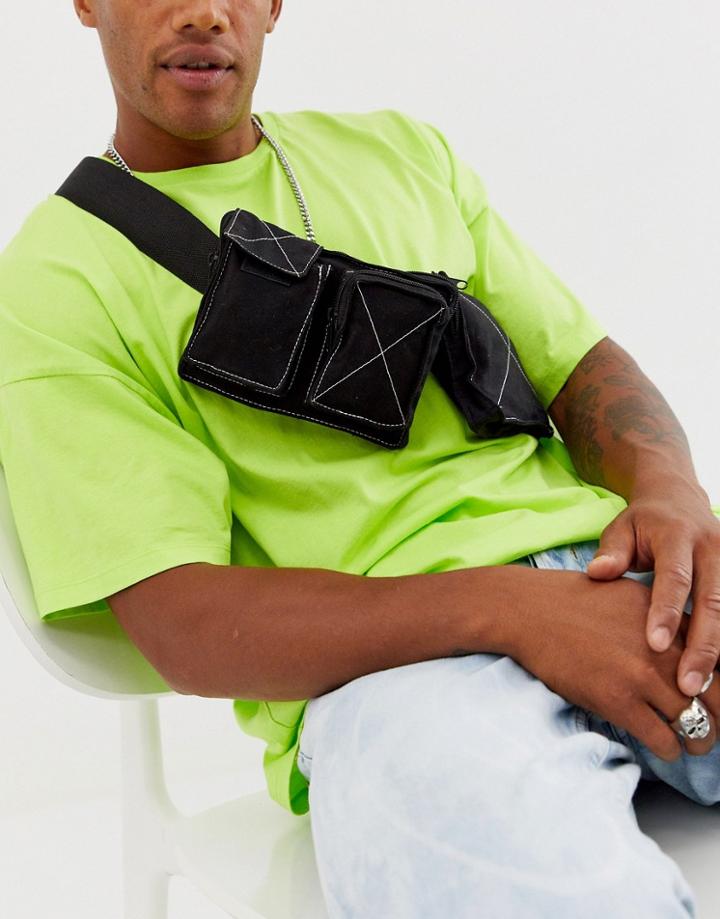 Asos Design Cross Body Fanny Pack In Black With Multi Pockets And Contrast Stitch