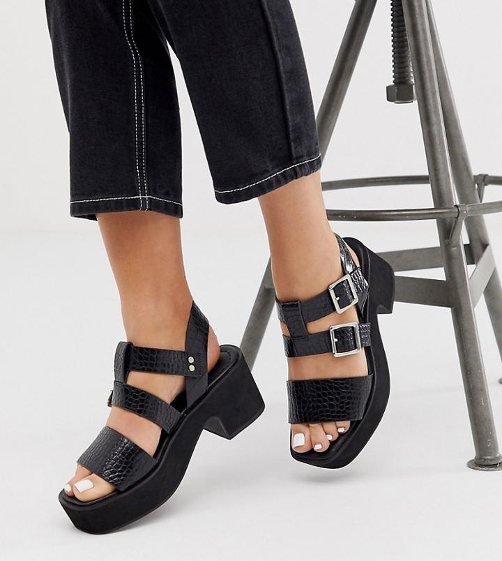 Asos Design Wide Fit Helper Chunky Mid-heeled Sandals In Black Croc